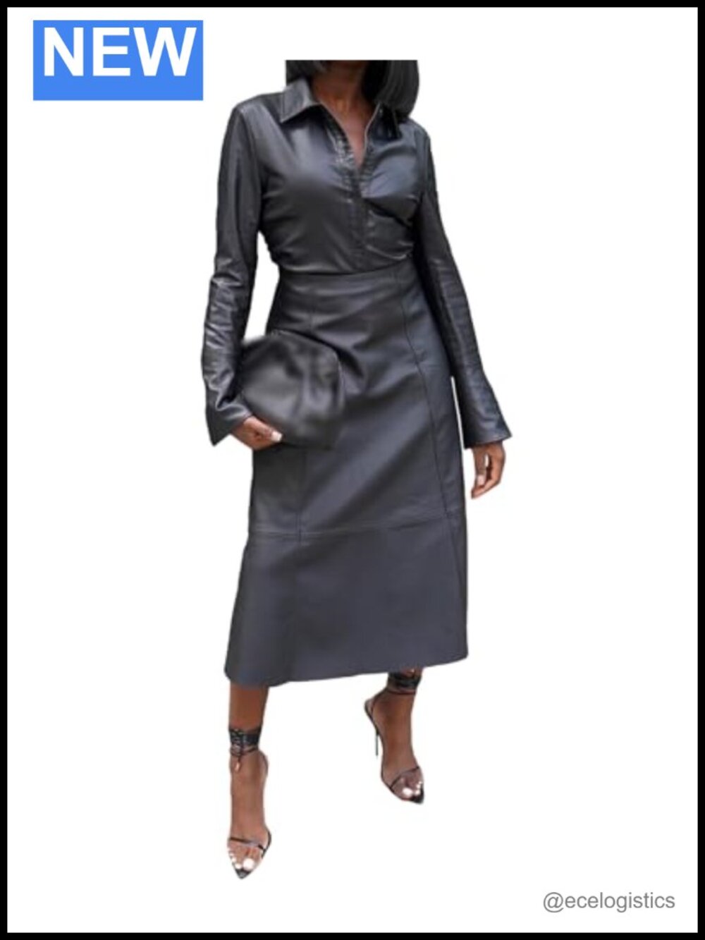 Faux Leather 2 Piece Outfit Button Down Blouse & Midi Skirt Set